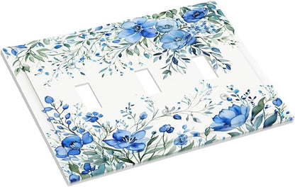 Light Switch Cover Blue Watercolor Flowers Retro Floral Leaves 3 Gang Wall Plate Triple Light Switch Plate Toggle Decorative Outlet Covers Electrical Switchplate for Bathroom Bedroom Decor