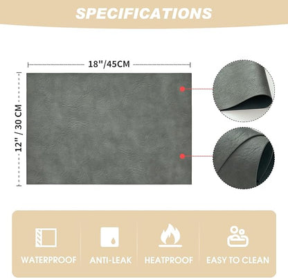Artoid Mode Grey Faux Leather Placemats Set of 6, 12x18 Inch Waterproof Wipeable Heat Resistant Vinyl Place Mats, Reversible Table Mats for Winter Kitchen Dining Decor