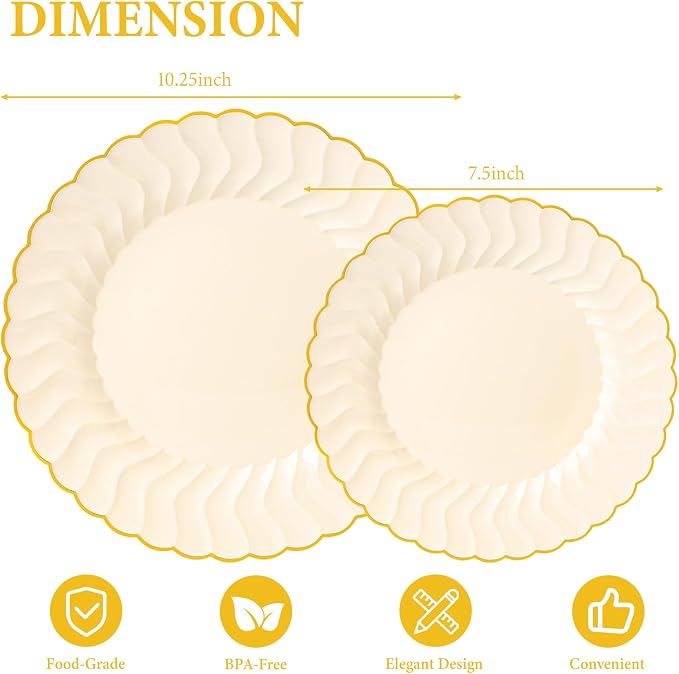 Lullaby 60PCS Light Yellow Scalloped Plastic Plates - Image 2