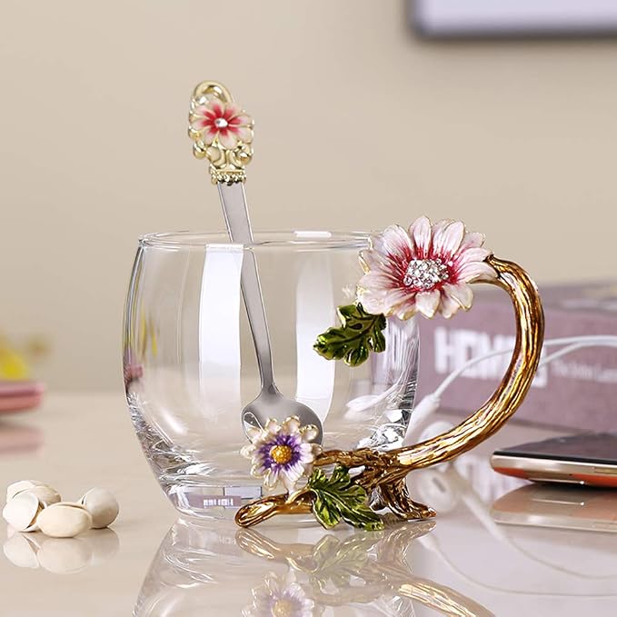 Enamel Sunflower Crystal Lead-Free Glass Tea Cup - Image 8