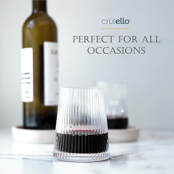 Crutello Modern Wine Glasses 12 oz Stemless, Set of 4, Unique Fluted Glassware with Vintage Ripple Texture, Art Deco Red or White Wine Fancy Glasses