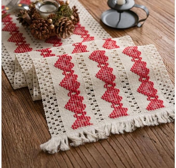 Macrame Table Runner Beige and Red Heart Table Runners by AlynsehomCreateaBetterLife