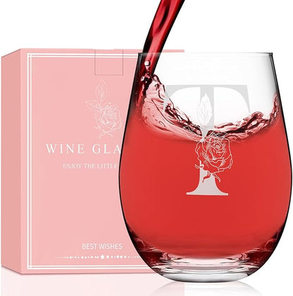 Valentines Day Gifts for Her, Gifts for Women Her Friend Mom Grandma Wife Sister Bridesmaid Nurse, Birthday Galentines Mothers Day Christmas, Personalized Initial Customized Wine Glasses 18OZ(T)