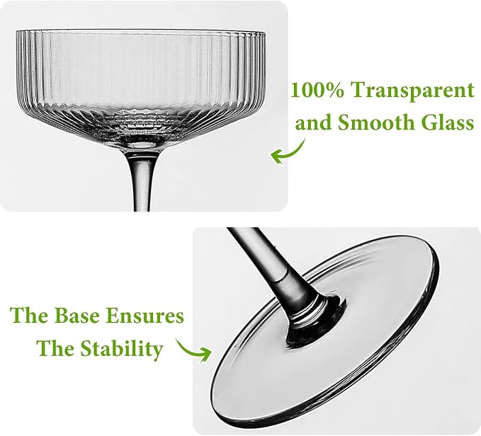 Qipecedm® 4 Pcs Ribbed Coupe Glasses, 10 oz Vintage Coupe Glass Set, Unique - Image 7