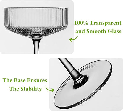 Qipecedm® 4 Pcs Ribbed Coupe Glasses, 10 oz Vintage Coupe Glass Set, Unique - Image 7