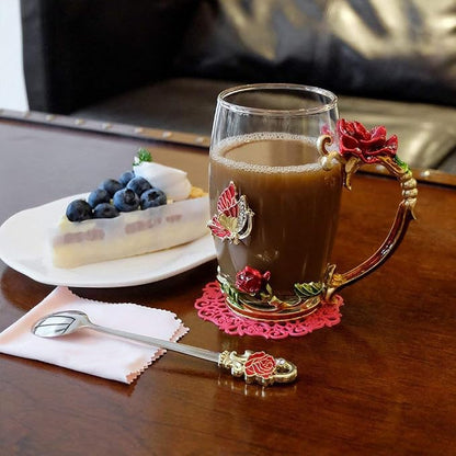 Birthday Gifts For Women, Enamel Butterfly Flower Glass Tea Cup Rose Red Coffee - Image 2