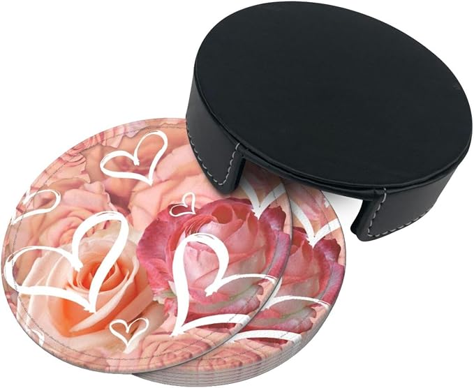Drink Coasters with Holder Stand Set of 6, Heart Pink Rose Flower Pu Leather - Image 7