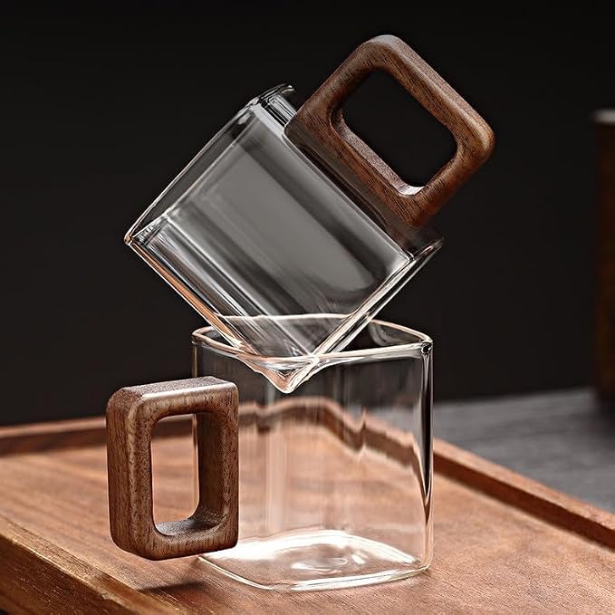 Square Glass Cups with Wooden Handle, Transparent Tea Glasses - Image 5