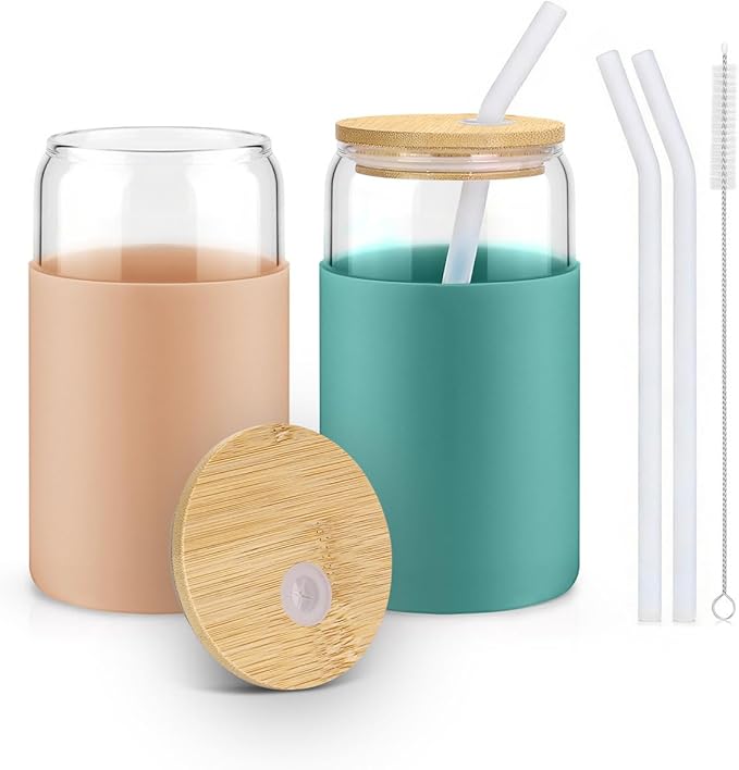 Glass Cups with Lids and Straws, 2 Pack 16OZ Iced Coffee Cups with Silicone by sungwoo