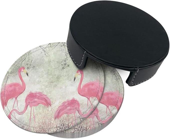 6 Pcs Pink Cute Flamingo Modern Art Boho Leather Coasters - Image 4
