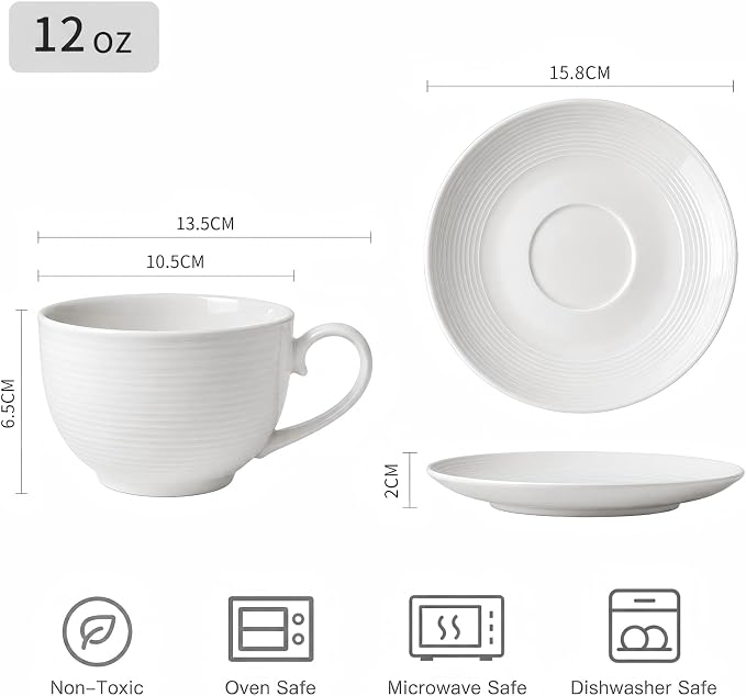 Porcelain Cappuccino Cups with Saucers, 4-Piece Coffee Cup Set | Glossy - Image 2