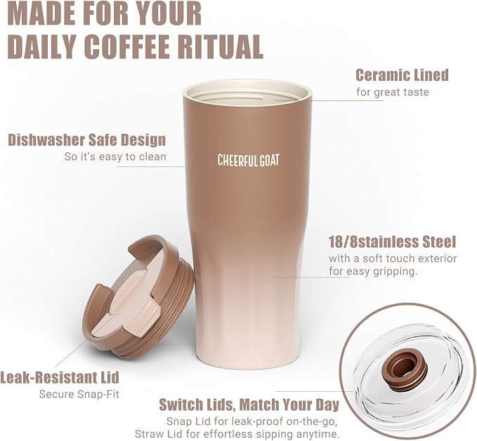 CHEERFUL GOAT Ceramic Lined Coffee Travel Mug – Stainless Steel Travel Coffee - Image 4