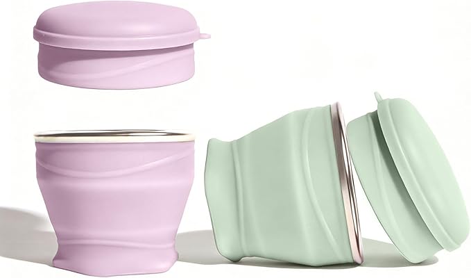 Collapsible Travel Cup with Lid - 6oz Mini Silicone Folding Cup with Stainless by zhuzhiloono