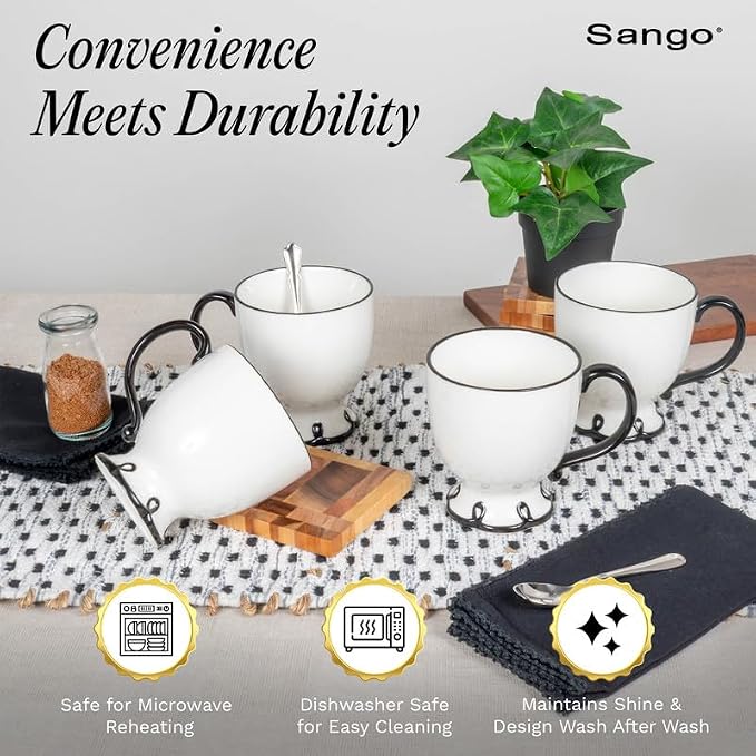 SANGO Splash of Cheers Large Mugs Set of 4, 16 oz Stoneware Black and White - Image 4