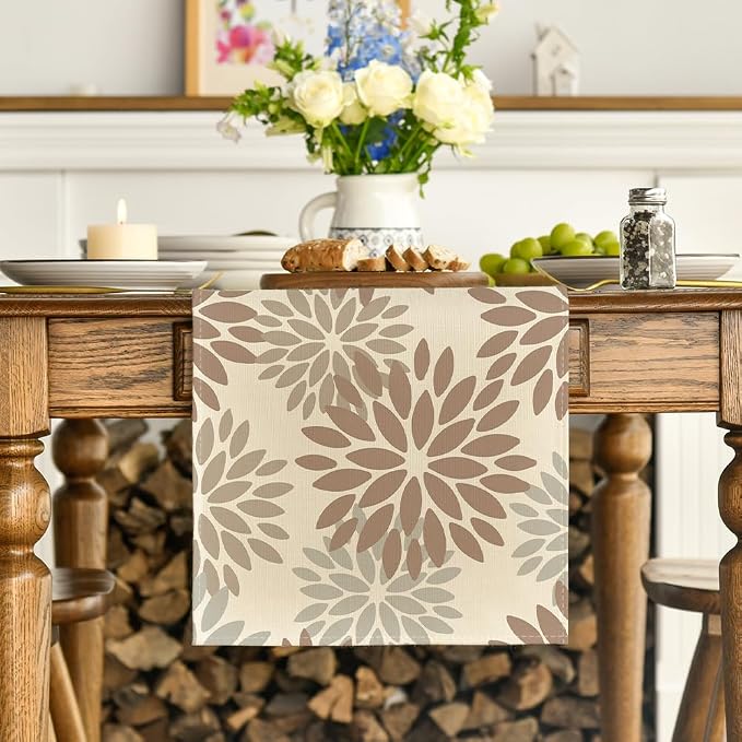 Artoid Mode Brown Gray Dahlia Pinnata Flower Floral Table Runner, Seasonal - Image 2