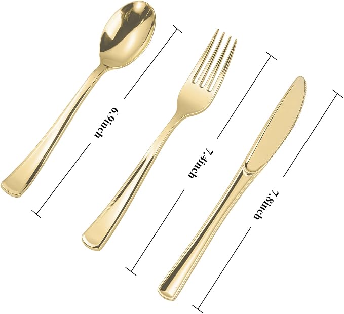 300PCS Gold Plastic Silverware, Disposable Plastic Cutlery/Utensils | Heavy - Image 2