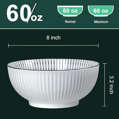 QINLANG Large Soup Bowls, Pho & Ramen Set of 3, 60 oz Blue & White Porcelain Big Bowls - Striped Pattern