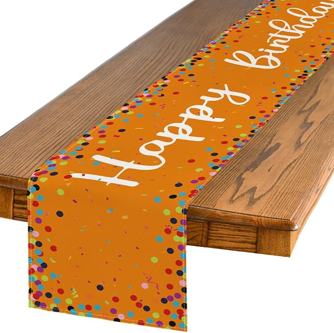 Artoid Mode Polka Dot Orange Happy Birthday Table Runner, Seasonal Fall by ArtoidMode