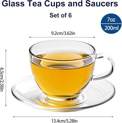 7oz Glass Tea Cups and Saucers, 6 Pack Clear Teacup and Saucer Set, Glass Tea - Image 3
