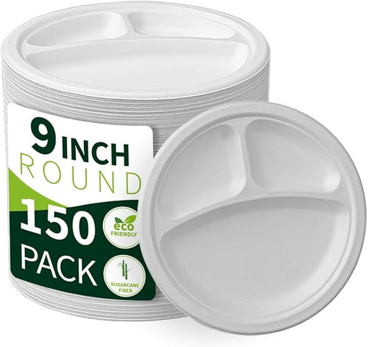 9 Inch 3 Compartment Paper Plates 【White 150 Pack】, Compostable Divided Plates, 100% Sugarcane Bagasse, Heavy Duty Disposable Plates for Lunch, Salad, BBQ, Picnic