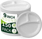 9 Inch 3 Compartment Paper Plates 【White 150 Pack】, Compostable Divided Plates, 100% Sugarcane Bagasse, Heavy Duty Disposable Plates for Lunch, Salad, BBQ, Picnic