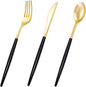 I00000 60 Pack Gold Silverware Set with Black Handle,Heavy Duty Black Plastic Cutlery Include 20 Forks 20 Knives 20 Spoons, Plastic Utensils Set for Party