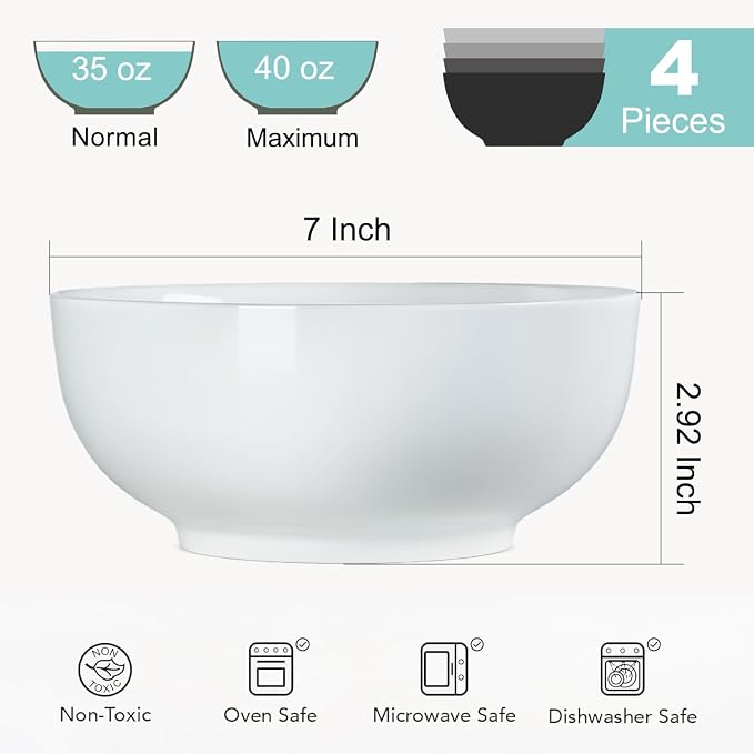 40 oz Off White Ceramic Soup Bowls, Ramen Bowls, Pho Bowls Set of 4, 7 Inch - Image 2
