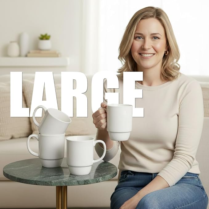 Stackable Porcelain Coffee Mug Set of 4 – 20oz Jumbo Capacity, Space-Saving - Image 3