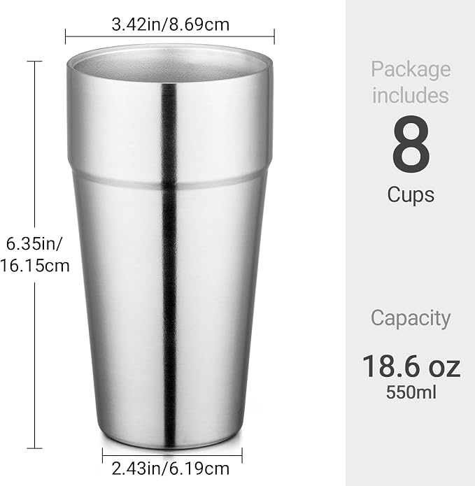Beasea Stainless Steel Cups 19 oz, 8 Pack Large 18.6oz 550ml Stackable - Image 2