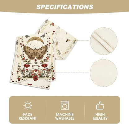 Artoid Mode Beige Poppy Moth Mushroom Moon Fall Table Runner, Seasonal Autumn - Image 5
