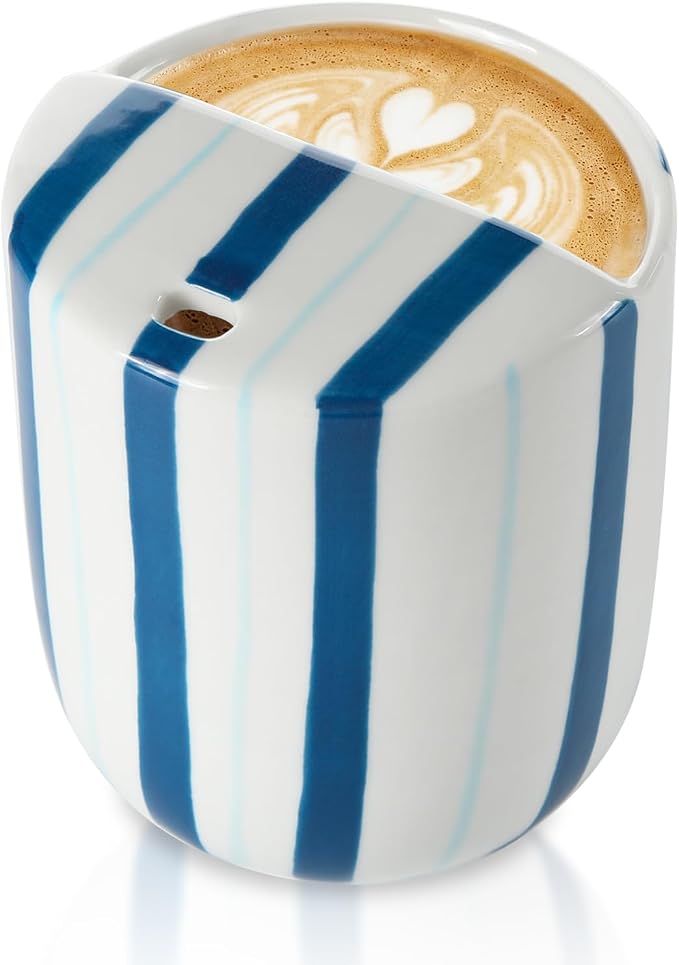 Ceramic Mug with Sip Hole 10 oz Deep and Light Blue Red Striped Ceramic Coffee by Ferrochef