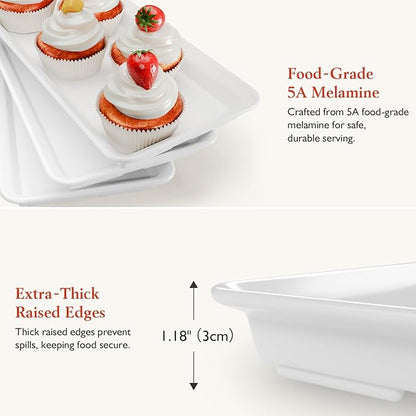 3-Tier Melamine Serving Tray Set, 11.5" x 5.6" Platters for Serving Food, White Reusable Trays with Black Metal Display Stand for Cupcakes, Sevring Food, Dessert, Fruit, Cookie, Black