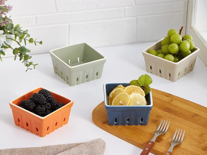 ONEMORE Ceramic Berry Basket, Rustic Stoneware Berry Bowls Colander, Square - Image 3