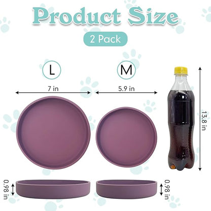 Silicone Cat Food Bowls Shallow Cat Dishes 5.9in Wide Pet Plates Set of 2 Small Flat Dog Saucer Bowl Cute Whisker Fatigue Kitten Feeding Dish for Dry & Wet Food (Round Purple)