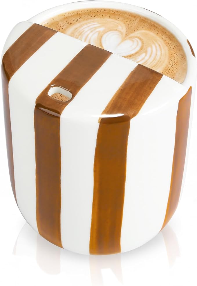 Ceramic Mug with Sip Hole 10 oz Brown Striped Ceramic Coffee Mug Hand Painted by Ferrochef