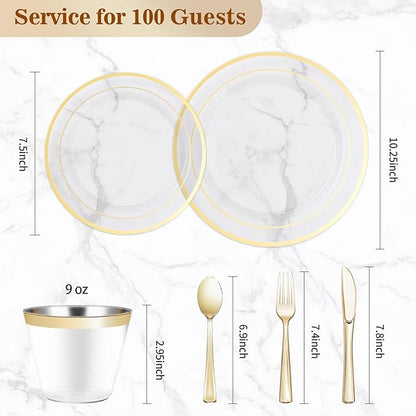 BESTVIP 600PCS Clear Gold Dinnerware Set for 100 Guests, Plastic Plates for Party, Christmas and New Year, 100 Disposable Plates, 100 Dessert Plates, 100 Cups, 100 Spoons, 100 Forks and 100 Knives