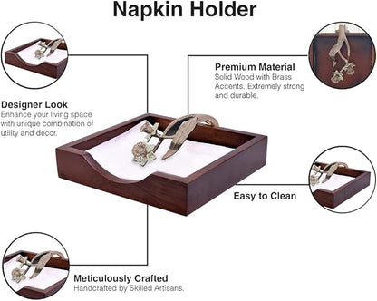 Napkin Holder - Solid Wood Brown Finish Home Decor & Kitchen Decor Table Countertop Serviette & Tissue Holder with Metal Ornament Arm in Rose Gold Finish - Indoor and Outdoor Use - Floral Design