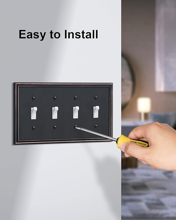 2-Pack Quad Toggle Light Switch Cover Plate, Durable Zinc Alloy Decorative Switch Plate Covers, Aged Bronze 4 Gang Wall Plate for Toggle Light Switch and Rotary Dimmer Switch