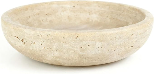 Handmade Travertine Stone Bowl | 7.8" Decorative Key & Fruit Bowl | Kitchen Counter, Dining Table Centerpiece, Entryway & Office Desk Decor (Beige)