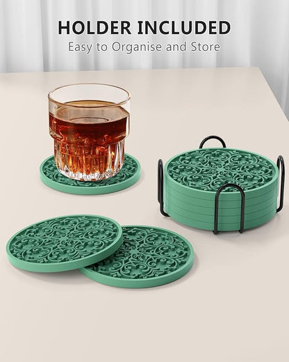 Drink Coasters, Coasters Set of 6 for Cup with Holder, Non-Slip Silicone Cup Mats for Hot and Cold Drinks, Cute Absorbent Coffee Bar Accessories Table Decor, Green