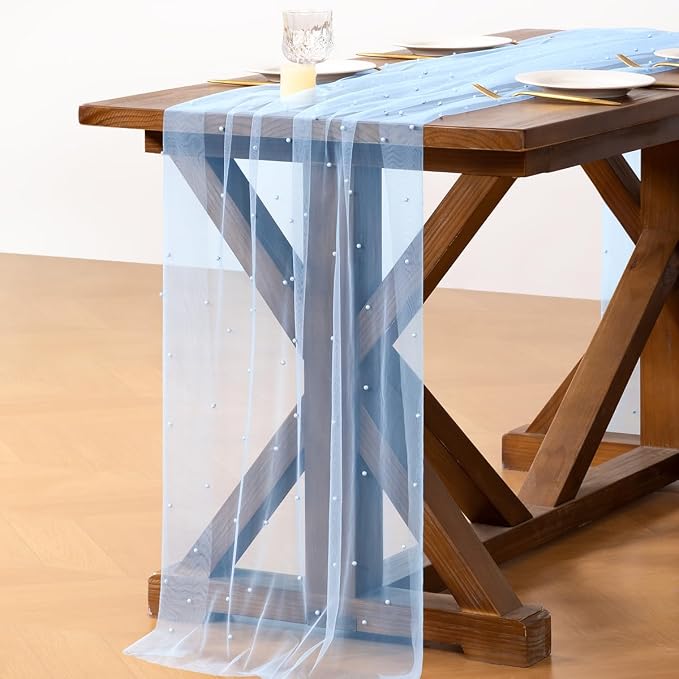 Pearl Table Runner Summer Tulle Gauze Sheer Wedding Party Home Decor | Blue - Image 4