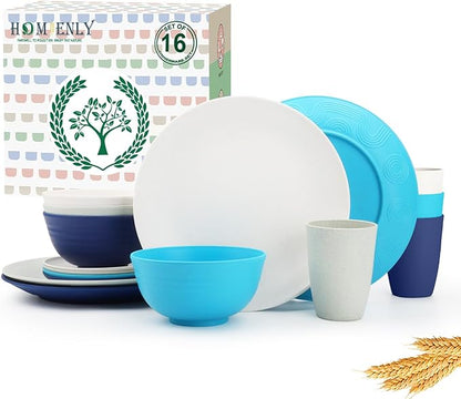 Homienly Premium Wheat Straw Dinnerware Sets, Plates and Bowls Sets,Cups,Alternative to Plastic Plates Service for 4, Dishwasher and Microwave Safe 16 PCS Dish Sets for Home,Camping - Island