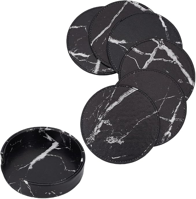 6PCS 4 Inch Black Marble PU Leather Round Cup Holders Coasters by QUALITYCALFOVERA