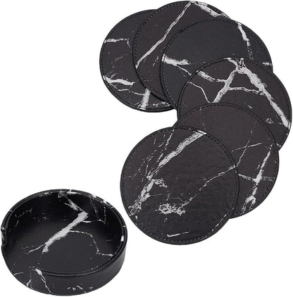6PCS 4 Inch Black Marble PU Leather Round Cup Holders Coasters by QUALITYCALFOVERA