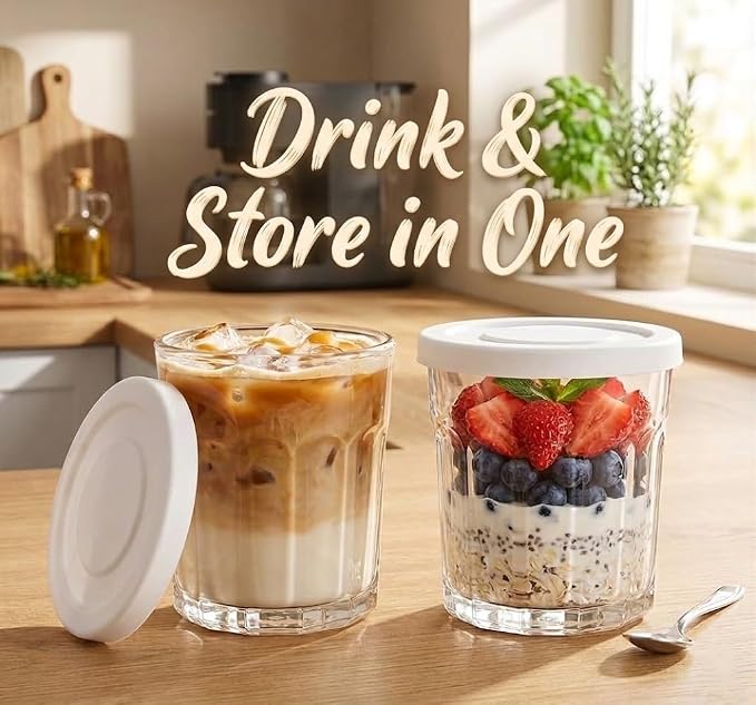 Working Glass Cups with Lids Set of 4, 13.5oz Thick Glass Tumblers | Classic - Image 7