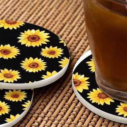 Sunflowers Cup Coasters Set of 2 Chamomile Cornflowers On Black Beautiful Watercolor Floral Wooden Table Apartment Decor 100% Diatomite for Drinking Glasses,4 Inches