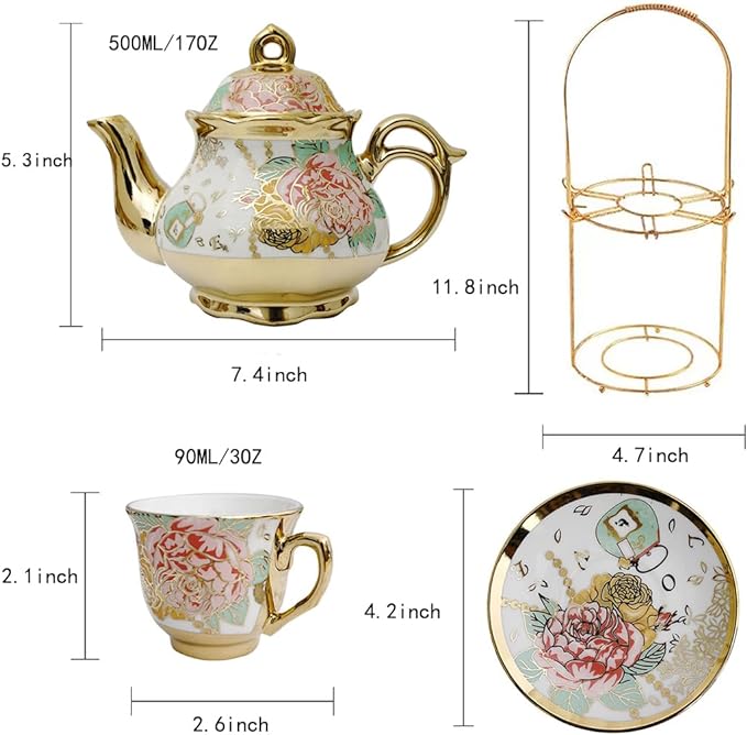 CHANJOON Gold Plated Red Rose Ceramic Tea Set, Vintage Tea Sets - Image 2