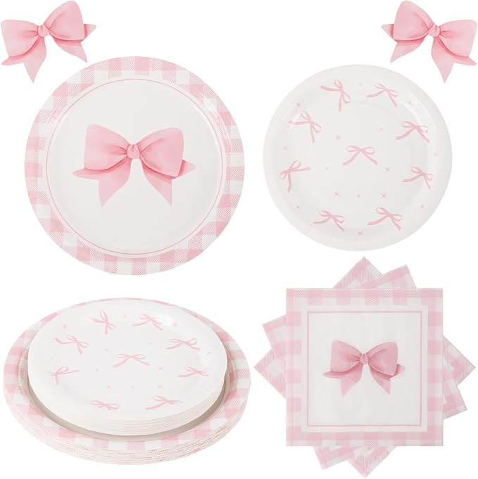 60PCS Pink Bow Paper Plates and Napkins Party Supplies Serve 20 | Disposable by BORAENDEY