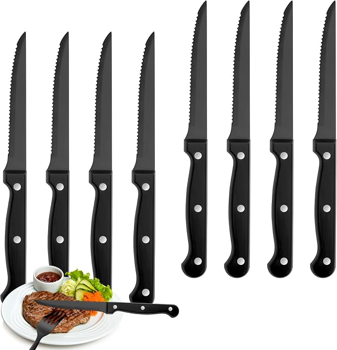 Black Steak Knives Set of 8, Sharp Triple Rivet Steak Knife, High-Carbon by WISKEMA