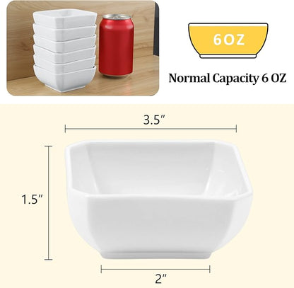 Yedio Square Dipping Bowls Set of 6, 6 Oz Small Porcelain Sauce Bowls for Side Dishes, Appetizers, Snacks, Baking & Dessert, White, Oven Safe